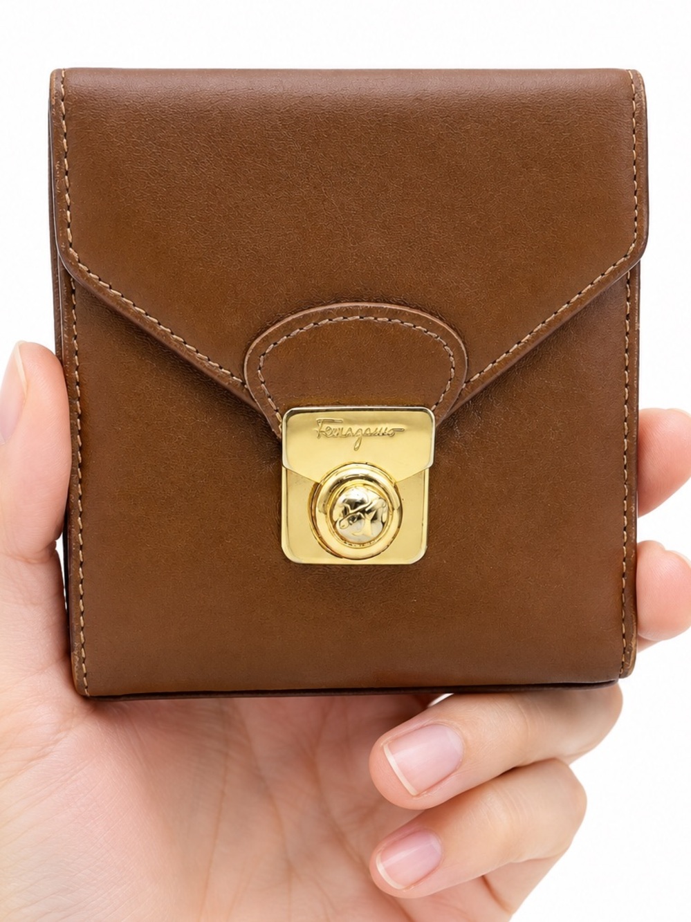 SalvatoreFerragamo Tri-Fold  Leather Wallet in Brown x Gold Tone Hardware